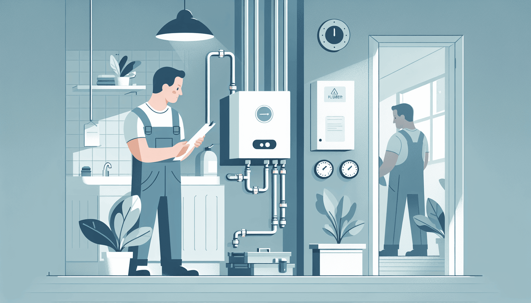 Plumber repairing a residential boiler in a utility room