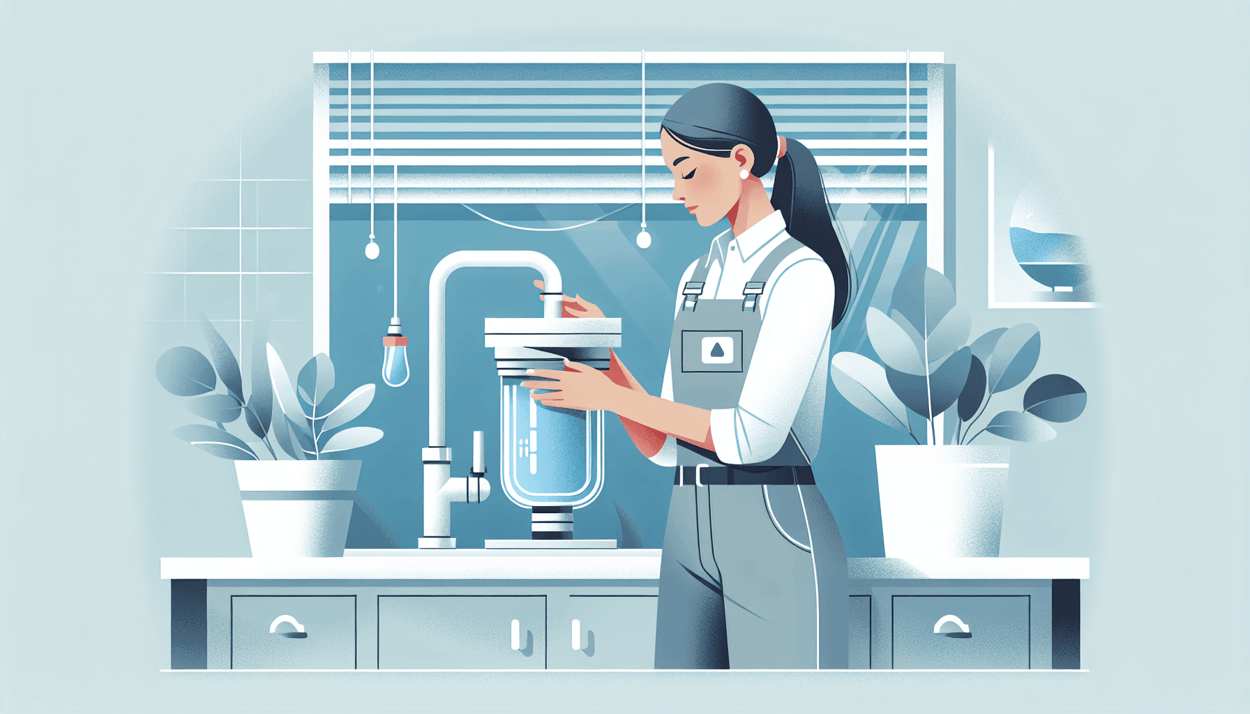 Plomero instalando un sistema de filtración de agua bajo un fregadero de cocina